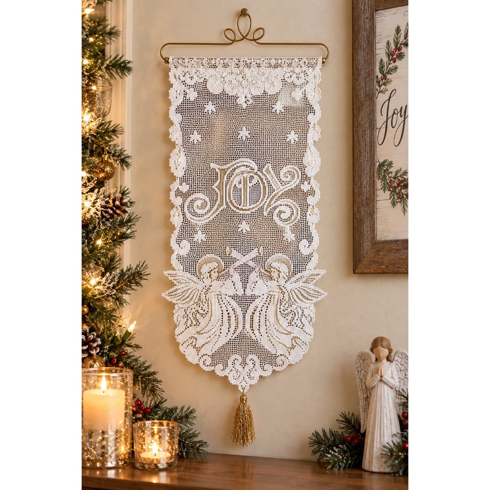 Heritage Lace Joy Angel Christmas Wall Hanging White Gold Metallic with Hanger